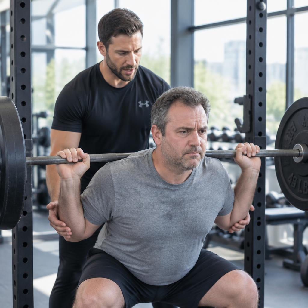 Personal trainer coaching a client at the gym